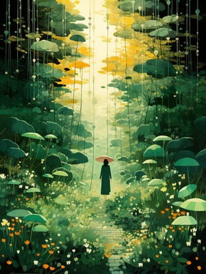 Photos of people walking through the light green garden,in Vico Ngai style,ana duna