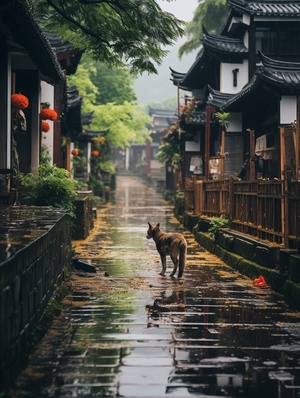 江南古镇下起大雨，道路长满鲜花，超高清晰度的16k ar 9:16