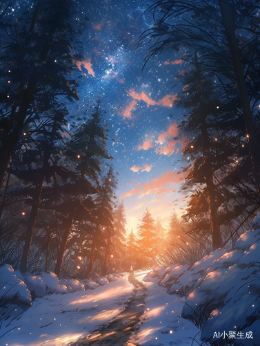 夜空竹林，银河梦幻，积雪中的小路通往远方