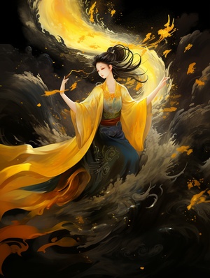 Romantic ancient style, brilliant stars, artistic conception ink, oriental poetry and painting, black background, auspicious clouds, bright yellow, 1 noble phoenix, solemn, solemn, noble, magnificent momentum, soft color, graceful posture, smart, divine, royal style, Horizontal composition, extremely beautiful light and shadow, ultra-realistic, ultra-detailed, ultra-high quality, Zao Wou-Ki, Fu Baoshi, Chen Jialing.#NoteInspiration#originaldesign #phoenix #gold #qiyuAI #国风大奖 #国风illustration