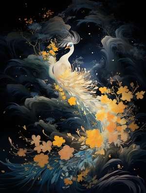 Romantic ancient style, brilliant stars, artistic conception ink, oriental poetry and painting, black background, auspicious clouds, bright yellow, 1 noble phoenix, solemn, solemn, noble, magnificent momentum, soft color, graceful posture, smart, divine, royal style, Horizontal composition, extremely beautiful light and shadow, ultra-realistic, ultra-detailed, ultra-high quality, Zao Wou-Ki, Fu Baoshi, Chen Jialing.#NoteInspiration#originaldesign #phoenix #gold #qiyuAI #国风大奖 #国风illustration