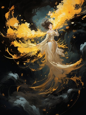 Romantic ancient style, brilliant stars, artistic conception ink, oriental poetry and painting, black background, auspicious clouds, bright yellow, 1 noble phoenix, solemn, solemn, noble, magnificent momentum, soft color, graceful posture, smart, divine, royal style, Horizontal composition, extremely beautiful light and shadow, ultra-realistic, ultra-detailed, ultra-high quality, Zao Wou-Ki, Fu Baoshi, Chen Jialing.#NoteInspiration#originaldesign #phoenix #gold #qiyuAI #国风大奖 #国风illustration