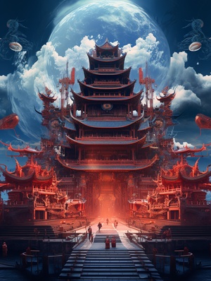 art by chinese style png, in the style of accurate topography, vibrant futurism, dark cyan and orange, photorealistic detail, reimagined religious art, intricate architectures, red and indigo,