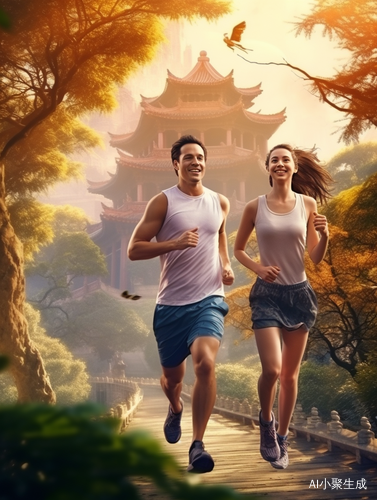 晨跑开心，男女背心短裤在公园大树下
