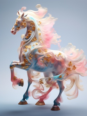 Chinese big horse, tulle, Suzhou embroidery, tie-dye, transparent, translucent gauze, blue, pink and gold tones, macro shooting, ink artistic conception, majestic, minimalist, 3D rendering, C4D, OC renderer, Extreme details, ultra-high quality, high resolution chaos 0 stylize 150 ar 9:16 v 6