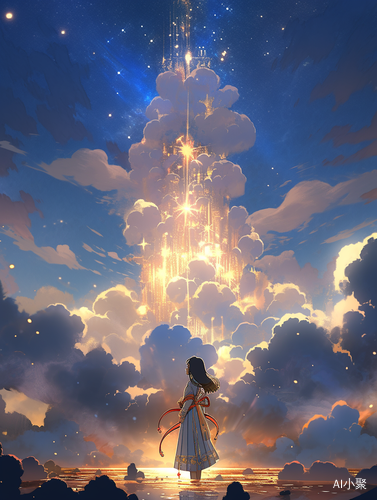 Skybound: A Vincent Callebaut inspired drawing of a heavenly woman amidst mysterious backdrops and stunning god rays