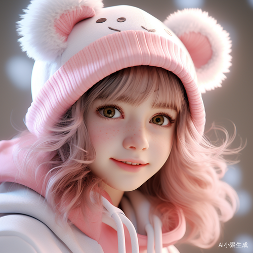 可爱精致女孩，白衣粉帽，高清8K