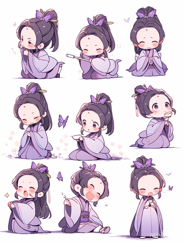 小女孩紫色汉服-古典精致-chibi-全身图-8种姿势和表情