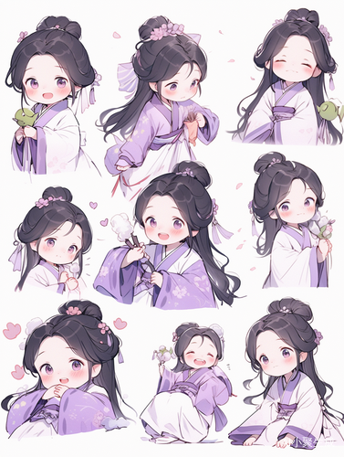 小女孩紫色汉服-古典精致-chibi-全身图-8种姿势和表情