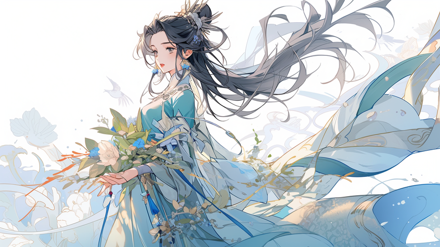 貂蝉全身图：英姿飒爽，淡蓝色衣服，纯白背景