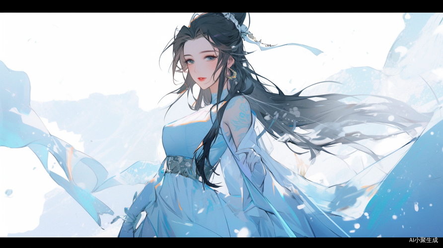 貂蝉全身图：英姿飒爽，淡蓝色衣服，纯白背景