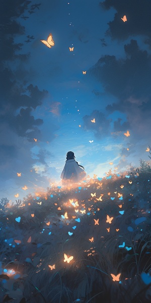 In the evening, a girl sitting on the grass, the lush grass is about the same height as people, fireflies, glowing butterflies, full moon, trees, top view