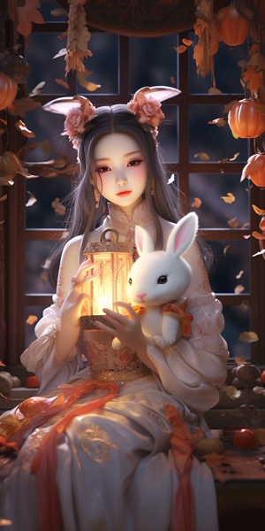 Rabbit personification, 1 girl,(((Mid-Autumn Festival))), color dream,best quality, masterpiece, ultra-highres, 8k wallpaper, CG unity, delicate lighting and shadows, delicate details, perfect hands