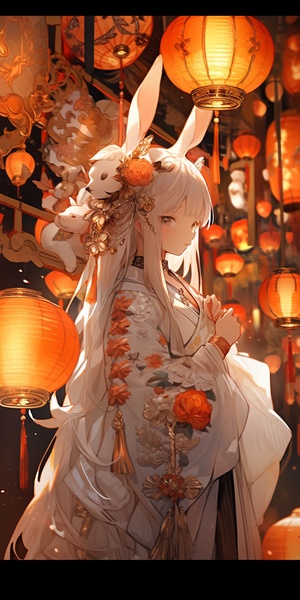 Rabbit personification, 1 girl,(((Mid-Autumn Festival))), color dream,best quality, masterpiece, ultra-highres, 8k wallpaper, CG unity, delicate lighting and shadows, delicate details, perfect hands