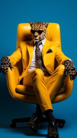 a sleek looking cheetah, sitting on a tufted blue velvet chair, bright yellow background, wearing an expensive suit, with very large dark sunglasses, hands in lap, full body with black shiny shoes, black leather gloves, black leather shoes, facing front, super crisp, photographic canon 80d, daylight, bold, fantastic