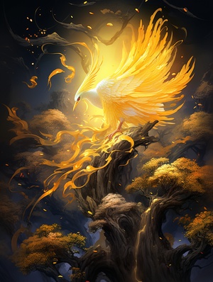 Romantic ancient style, brilliant stars, artistic conception ink, oriental poetry and painting, black background, auspicious clouds, bright yellow, 1 noble phoenix, solemn, solemn, noble, magnificent momentum, soft color, graceful posture, smart, divine, royal style, Horizontal composition, extremely beautiful light and shadow, ultra-realistic, ultra-detailed, ultra-high quality, Zao Wou-Ki, Fu Baoshi, Chen Jialing. #NoteInspiration