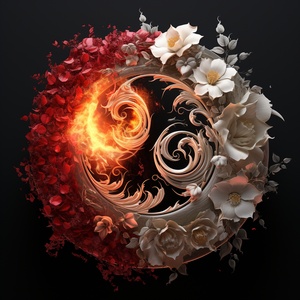 yin yang floral fire rose yang symbol hd , in the style of dark beige and red, fantasy surrealism, uhd image, black and white mastery, 3d, logo v 6.0 ar 1:1