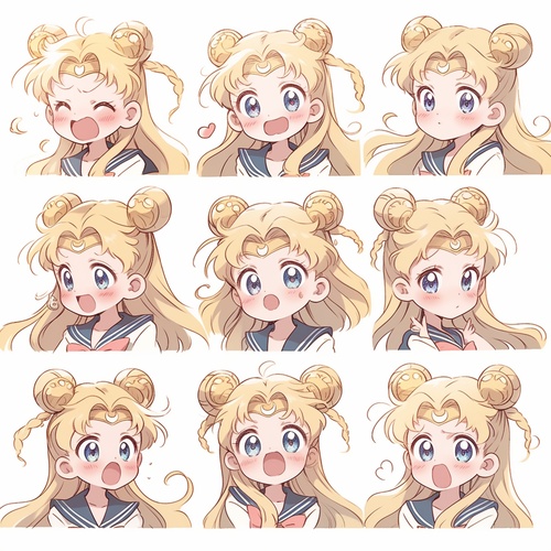 Emoticons, various expressions of Sailor Moon, Tsukino Usagi, Tuanzitou, Gentle, Beautiful, cute, Sailor Moon, emoticons [slapped, dizzy, happy, angry, crying, sad, cute, looking forward to, laughing, disappointed and shy, sleepy, eating, dizzy, expressing love, etc.], Pixar style , close-up view