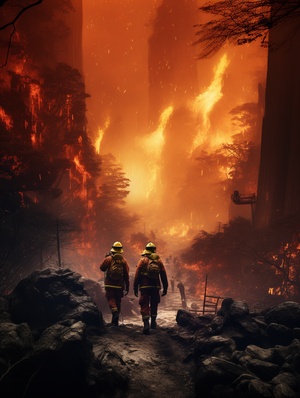 两名消防员正在湖南与大火搏斗，其风格为daan roosegaarde，caras ionut，emek golan，微妙的照明，plein-air真实感，深橙色和绿色，有机材料