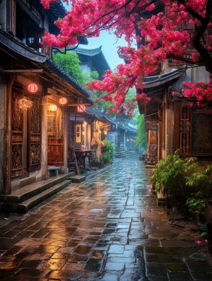 江南古镇下大雨，道路盛开鲜花，美丽安静超高清景色