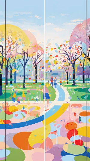 spring day, an abstract painting of colorful design, the children park, great lawn, josan gonzalez, Henry Matisse's colors, Henry Matisse's lithograph, storybook illustration, cinematic shot, Three-point perspective, ultrafine detail ar 9:16 v 6.0s 250