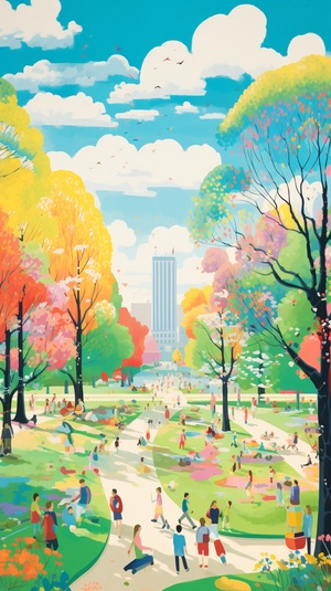 spring day, an abstract painting of colorful design, the children park, great lawn, josan gonzalez, Henry Matisse's colors, Henry Matisse's lithograph, storybook illustration, cinematic shot, Three-point perspective, ultrafine detail ar 9:16 v 6.0s 250