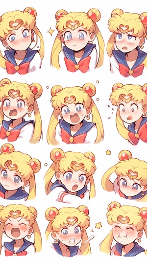 Emoticons, various expressions of Sailor Moon, Tsukino Usagi, Tuanzitou, Gentle, Beautiful, cute, Sailor Moon, emoticons [slapped, dizzy, happy, angry, crying, sad, cute, looking forward to, laughing, disappointed and shy, sleepy, eating, dizzy, expressing love, etc.], Pixar style , close-up view