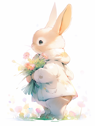 可爱兔子毛绒玩具，穿着衣服，仰望花，明亮白色背景