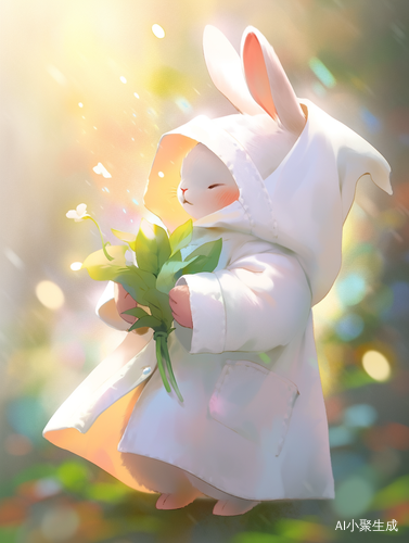可爱兔子毛绒玩具，穿着衣服，仰望花，明亮白色背景