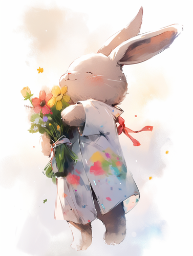 可爱兔子毛绒玩具，穿着衣服，仰望花，明亮白色背景