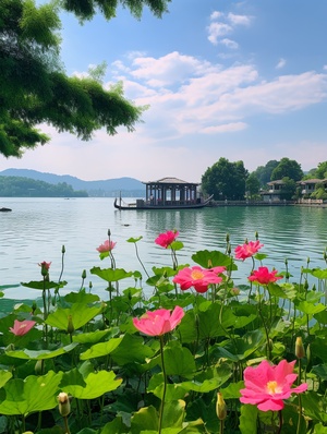 杭州西湖风景秀丽，湖面清澈，湖心有石拱桥，有船，荷叶粉色荷花，雨后的治愈系天空，百花齐放，万花丛中，全景真实自然，超细，超分辨率，超高清晰度图像质量8k