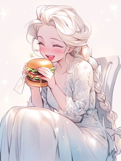 beautiful princess Elsa , who had a romantic relationship with ice and snow , was wearing white Summer thin ice silk pajama , eating a burger . She enjoyed leisurely time , carefree , as if the whole world had melted in her smile , ull body , bold character designs , warm tones , in the style of meticulous design , amime art