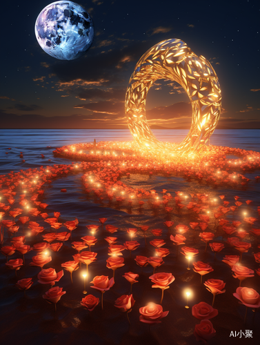 Transparent Picture with Golden Crescent, Red Roses, and Starry Milky Way