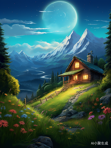 夜晚山间的小屋