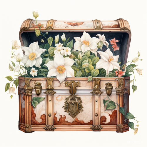 白底复古文艺复兴花卉行李箱水彩插画