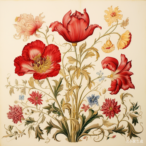 底欧式古典红色鲜花手绘插画