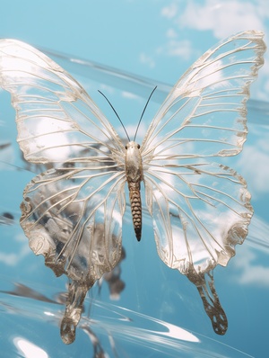 Close - up , a butterfly , wings made of foil , white gold , reflective cyan , highly detailed , sacred , sky , natural light , clean , cinematography , best picture quality - ar 3:4-v6.0