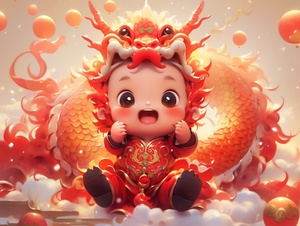 Q version of the baby dragon full body expression is happy, taking off in the middle of the air, the position is in the middle of the picture two-thirds, dragon horn hanging Fu bag, dragon scale glass gold ➕ red gradient, lovely smile, smart big eyes, the whole body cute toot. Background red tone, lively New Year, Spring Festival elements. Spring couplets, fireworks in the air, lanterns, a hundred flowers blooming, red tone, gold ingots and coins on the ground, mascot, colored lights