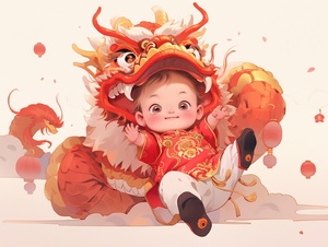 Q version of the baby dragon full body expression is happy, taking off in the middle of the air, the position is in the middle of the picture two-thirds, dragon horn hanging Fu bag, dragon scale glass gold ➕ red gradient, lovely smile, smart big eyes, the whole body cute toot. Background red tone, lively New Year, Spring Festival elements. Spring couplets, fireworks in the air, lanterns, a hundred flowers blooming, red tone, gold ingots and coins on the ground, mascot, colored lights