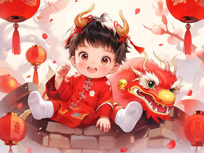 Happy Baby Dragon Takes Flight in Festive Spring Scene