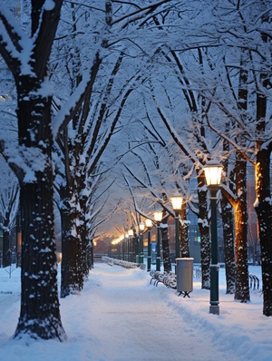 傍晚，城市高楼林立，，有光穿过，洒在雪后的树上，树上的枝条上堆积着厚厚的白雪，像是一串串珍珠，闪耀着迷人的光芒。微风吹过，树枝轻轻摇曳，雪花纷纷扬扬地飘落下来，如同天女散花般美丽。古老的城市建筑、青石板路、小桥流水，都被白雪覆盖，仿佛时间凝固，只留下一片宁静与美好。雪花静静地落在屋顶、桥梁和河岸边，将城市装点成了一幅宁静而美丽的水墨画。在这美丽的冰雪世界里，树木与城市楼房相互映衬，构成了一幅独特的冬日美景。这个冬天，因为树的雪，因为城市的美，变得格外难忘。它让人们感受到了大自然的神奇