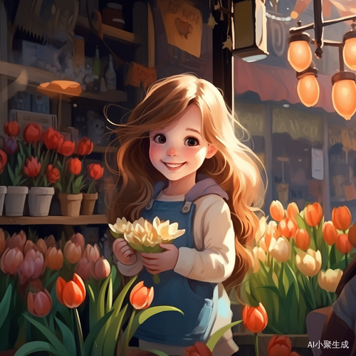 可爱小女孩手捧郁金香于花店前的插画