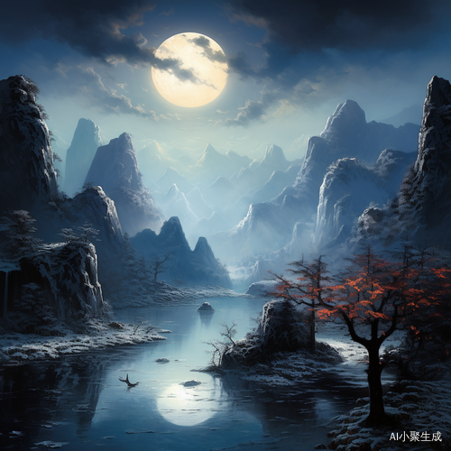 中国大地被天空圆月普照