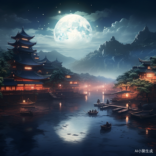 中国大地被天空圆月普照