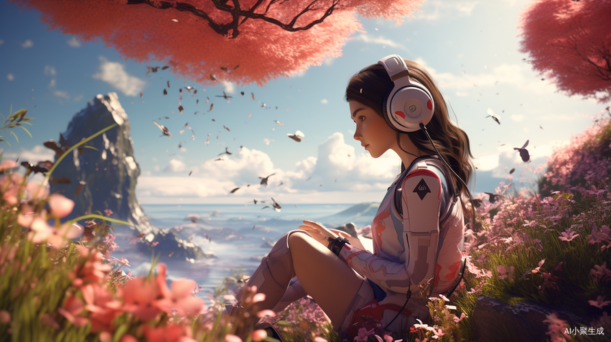 Lofi girl under the shade of blooming trees