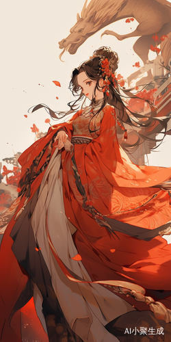古代汉服女孩与沙雕动画人物的简约背景