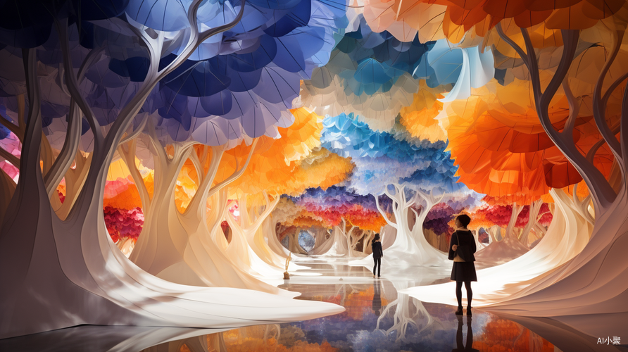 Colorful Paper Sculpture: Ethereal Trees in Indoor Gallery