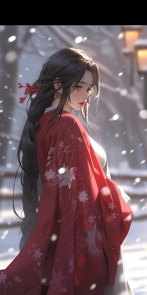 穿着紫色汉服的女孩站在雪地中的黑暗浪漫仙女