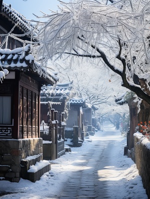 江南古镇，冬季飘雪。静默而幽雅的风景，迎来自然之美与人文之趣的完美结合。白茫茫的雪花点缀在古巷石板路上，余雪初霁之时，即可看到昏黄的灯光透过小店的窗户飘散出来，刻画出古镇的古朴温暖。江边柳枝随风摆动，寂静的就像一个画卷。这张照片印象呈现出江南的经典景色，宁静而又富有生命力，它让每个人都能感受到自然和人文共存的美好。