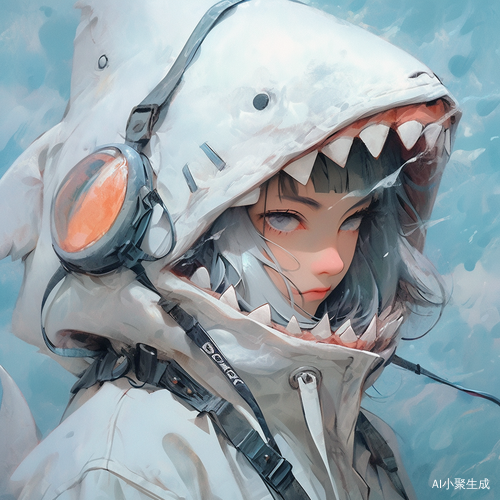 美少女戴着鲨鱼头套的全身像